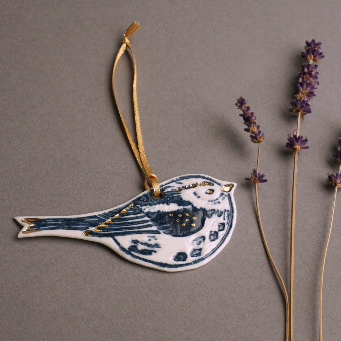 Long Tailed Tit with Gold Lustre Hanging Porcelain Bird Decoration