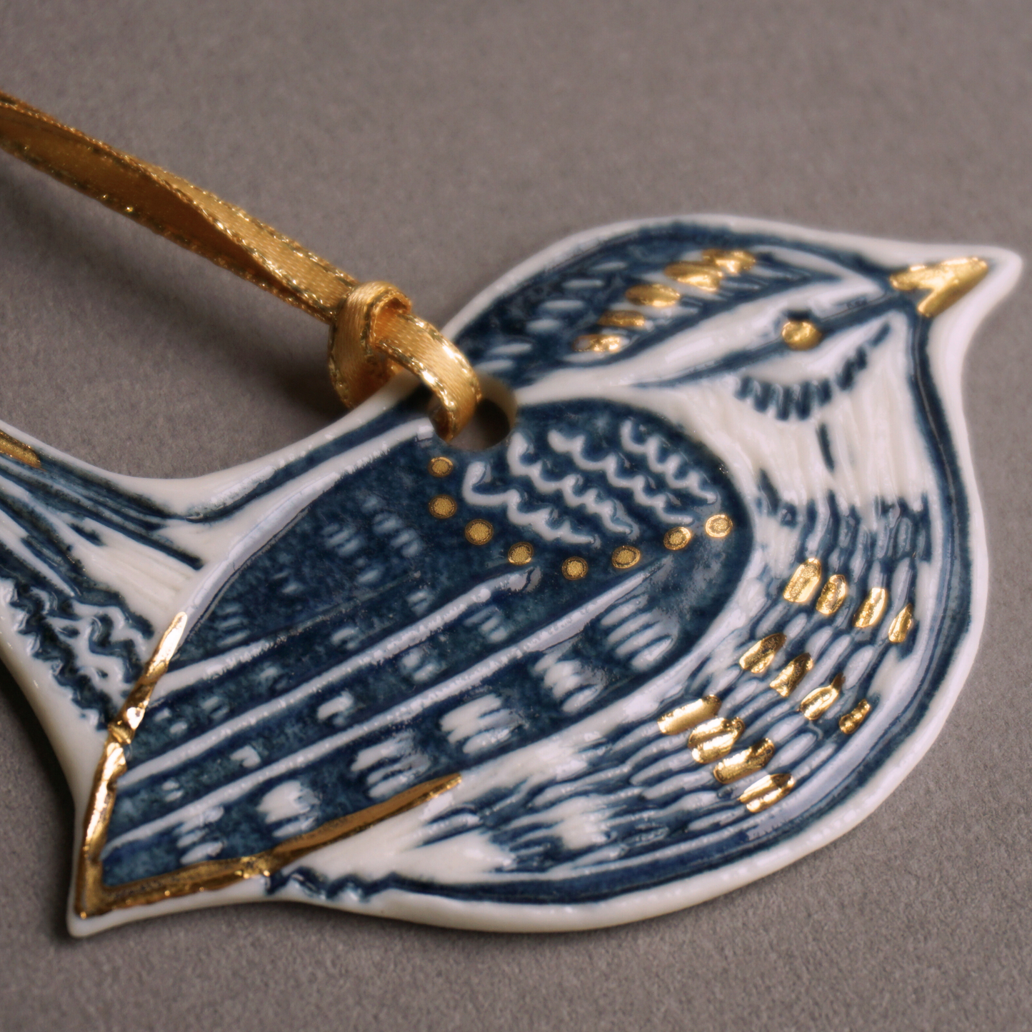 -Wren with Gold Lustre Porcelain Hanging Bird Decoration