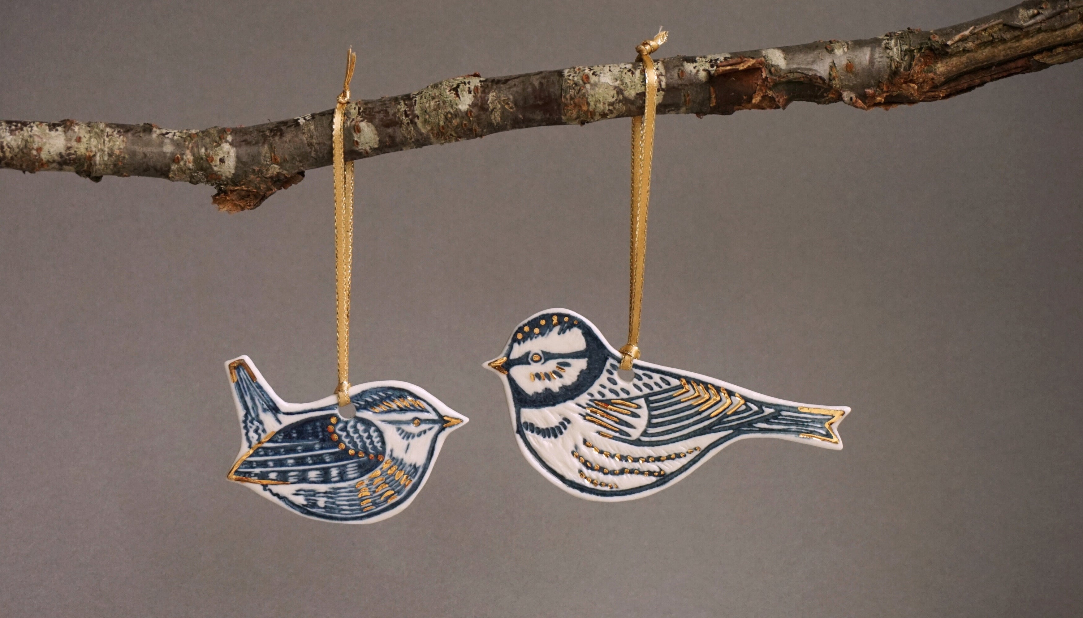 Wren and Blue Tit porcelain decorations with gold lustre