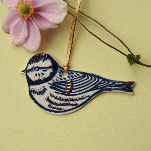 Blue Tit with Gold Lustre Porcelain Hanging Decoration