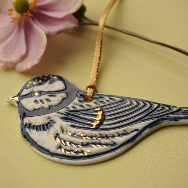 Blue Tit with Gold Lustre Porcelain Hanging Decoration