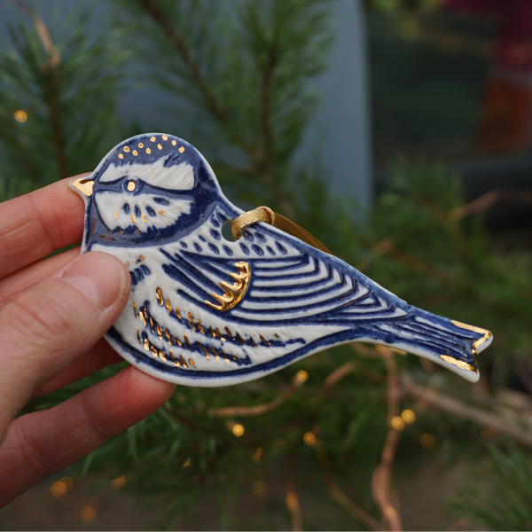 Blue Tit with Gold Lustre Porcelain Hanging Decoration