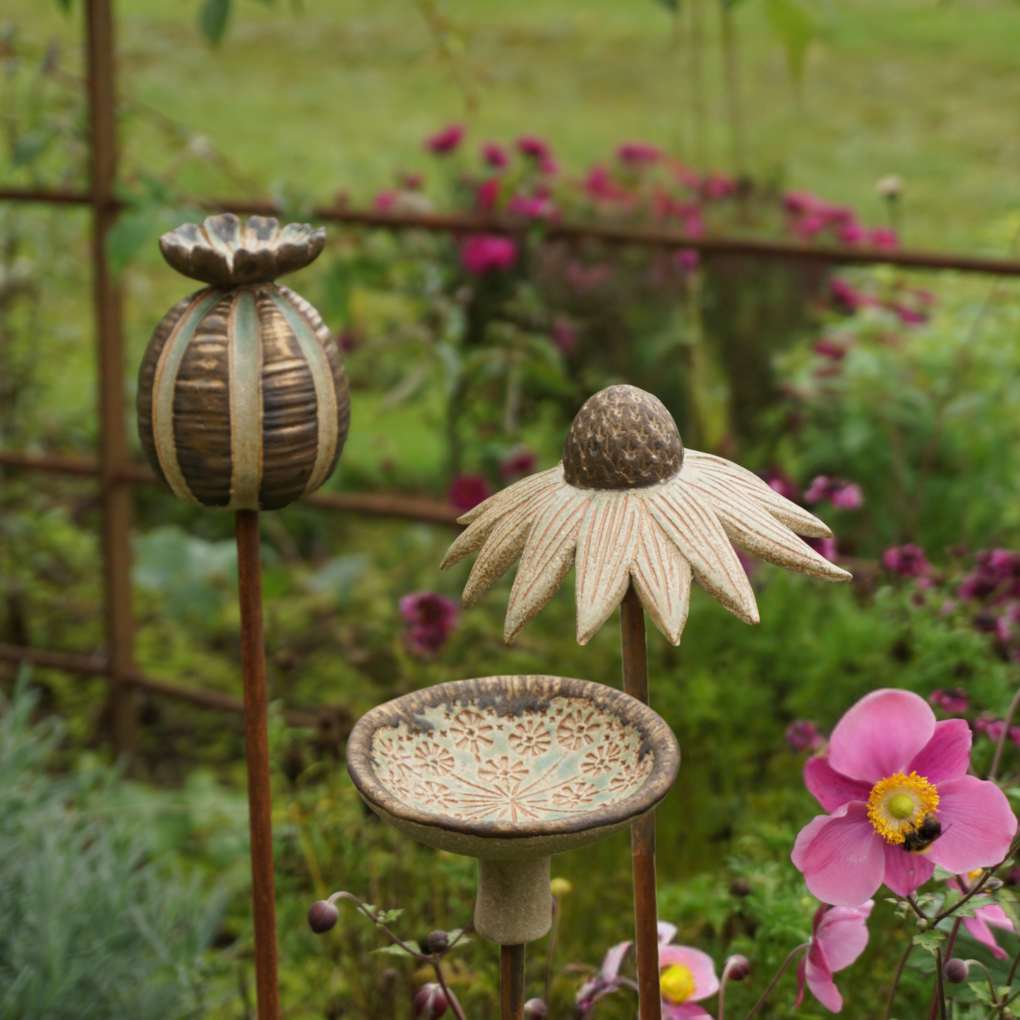 Garden Ornaments Trio B - Echinacea, Cow Parsley Bird Drinker and Poppy Seed Head