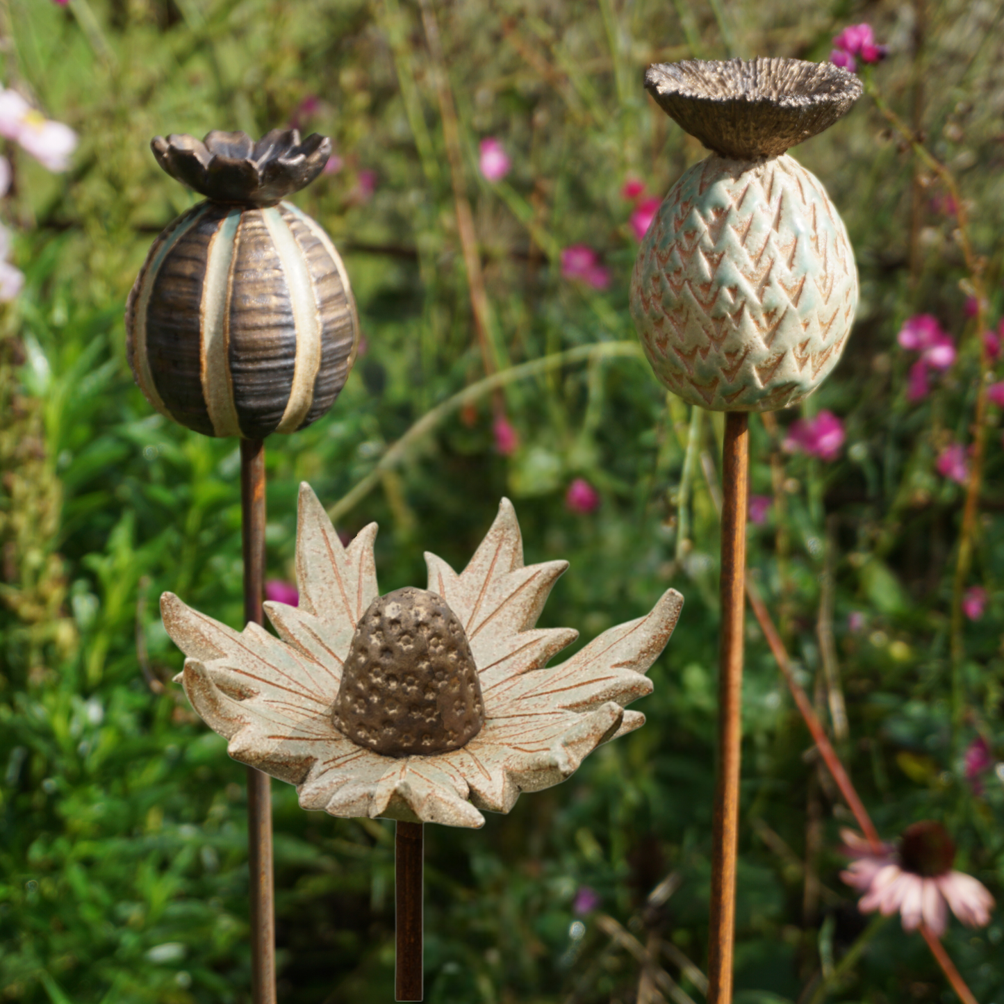 Garden Ornaments Trio A - Thistle, Sea Holly and Poppy Seed Head