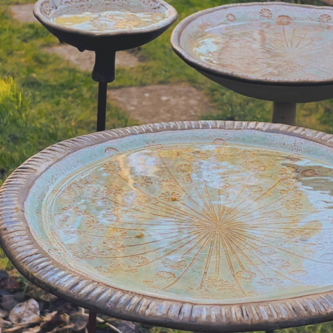 Bird bath and bird drinkers with reflections of trees in the water