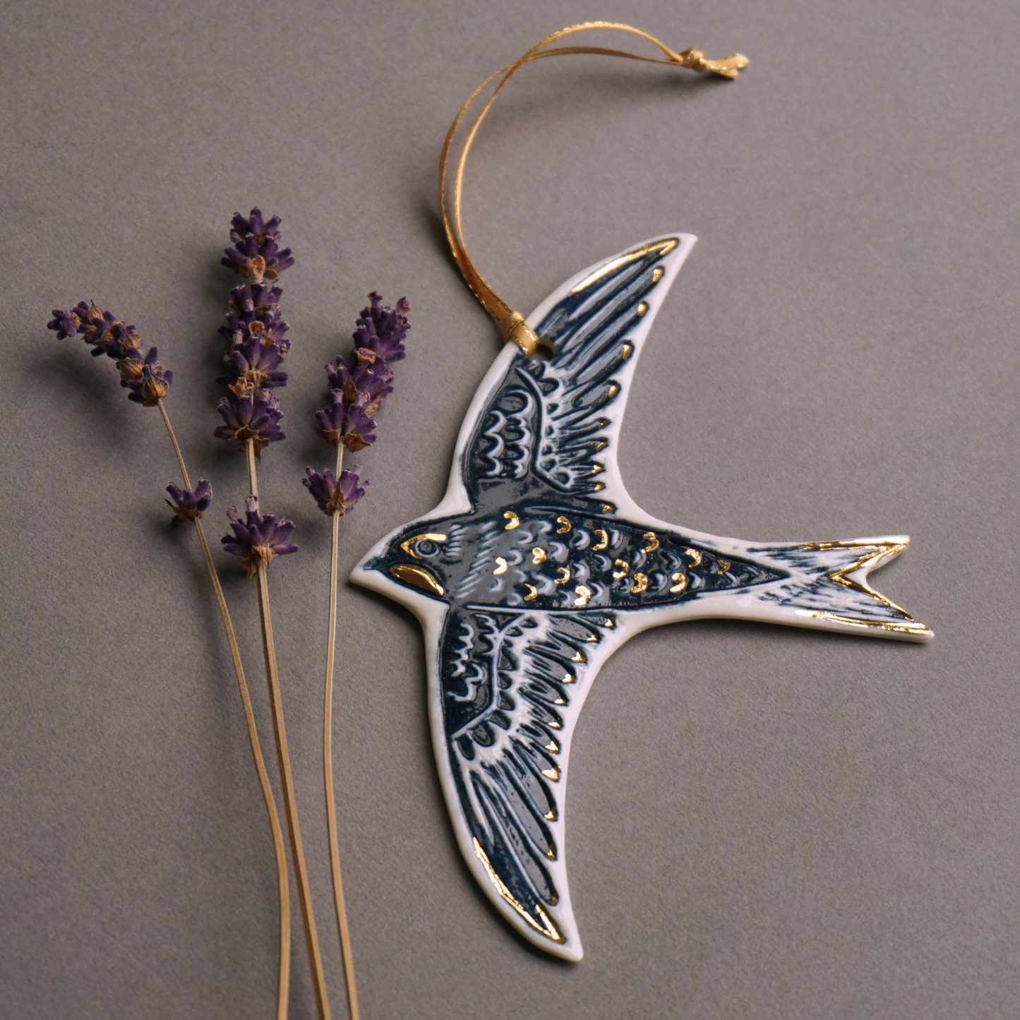 Swift with Gold Lustre Porcelain Hanging Bird Decoration