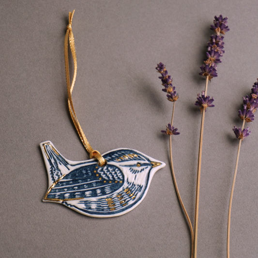 -Wren with Gold Lustre Porcelain Hanging Bird Decoration