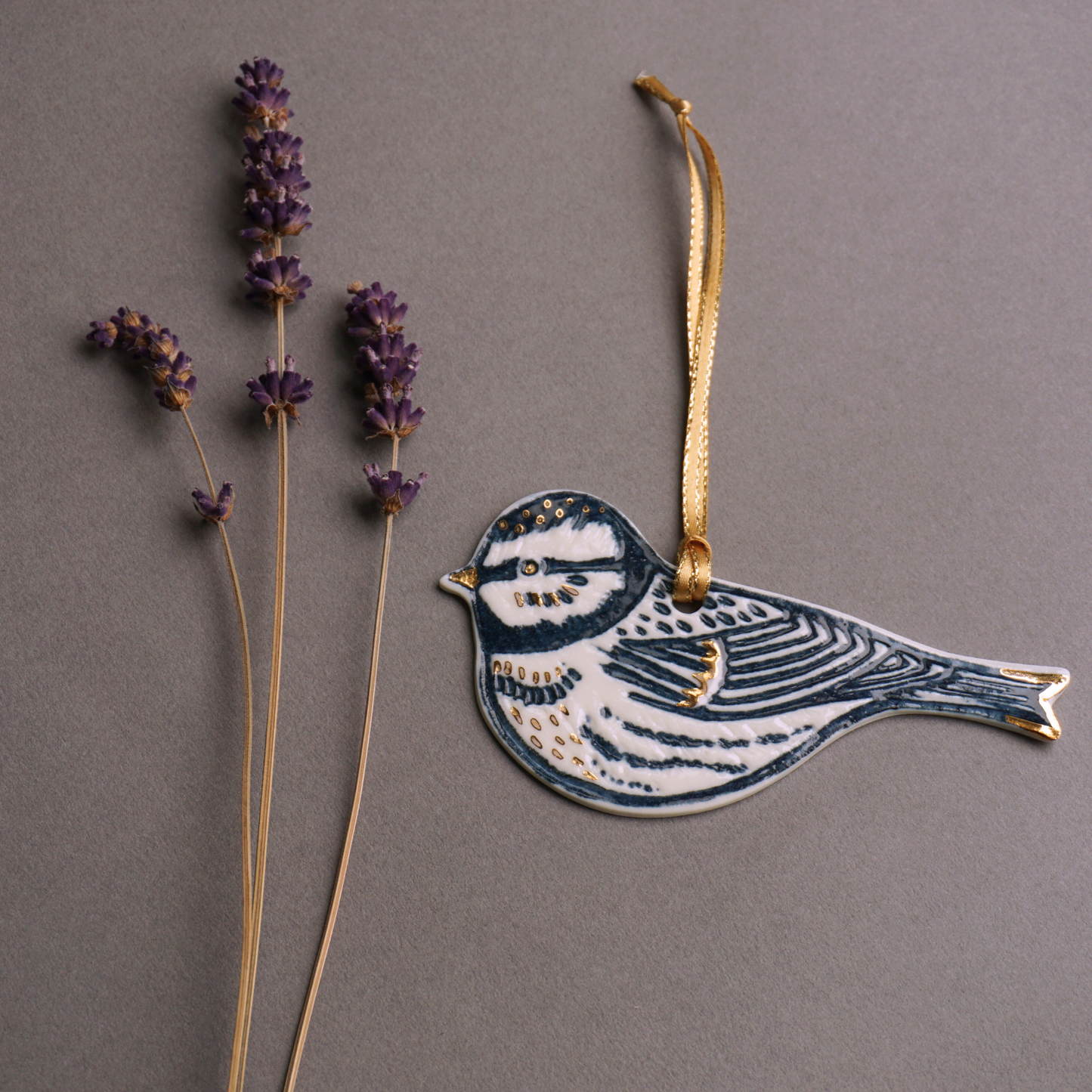 Blue Tit with Gold Lustre Porcelain Hanging Decoration