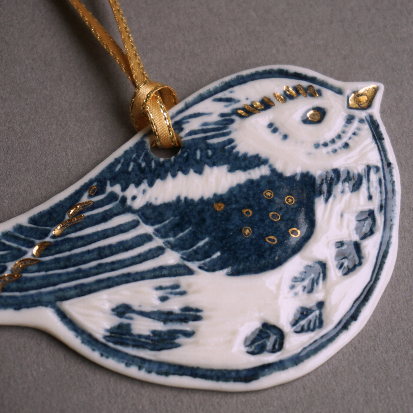 Long Tailed Tit with Gold Lustre Hanging Porcelain Bird Decoration