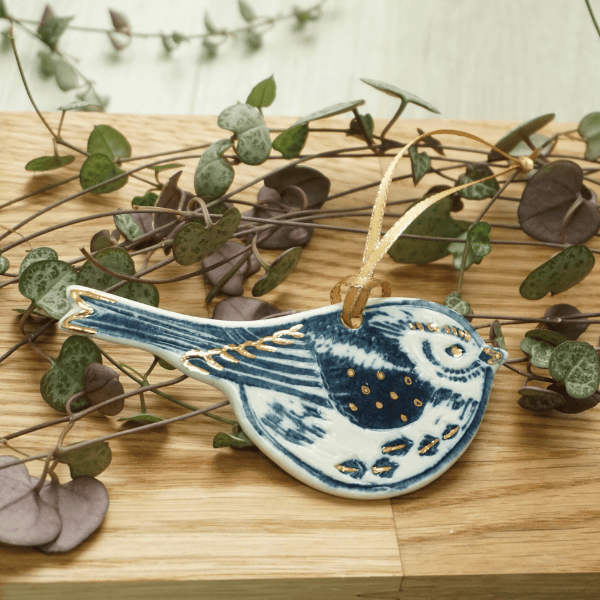 Long Tailed Tit Porcelain with Gold Lustre Hanging Bird Decoration