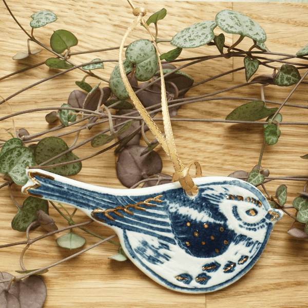 Long Tailed Tit Porcelain with Gold Lustre Hanging Bird Decoration