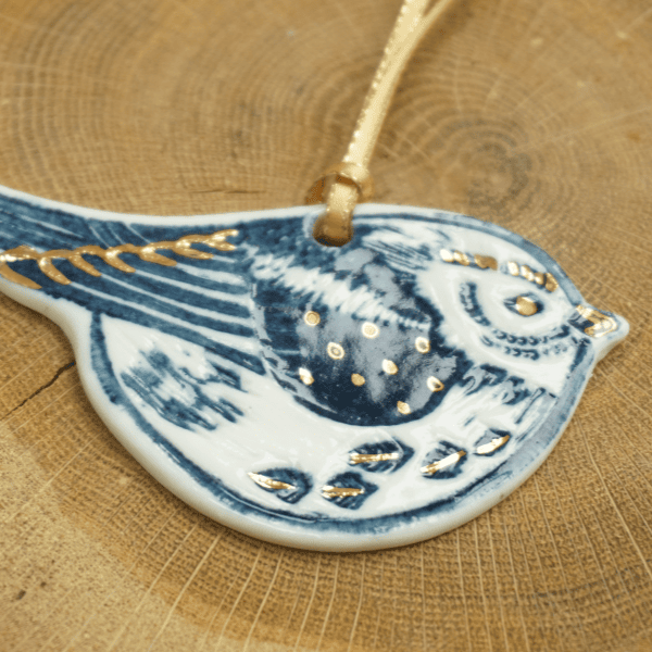 Long Tailed Tit Porcelain with Gold Lustre Hanging Bird Decoration