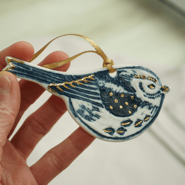 Long Tailed Tit Porcelain with Gold Lustre Hanging Bird Decoration