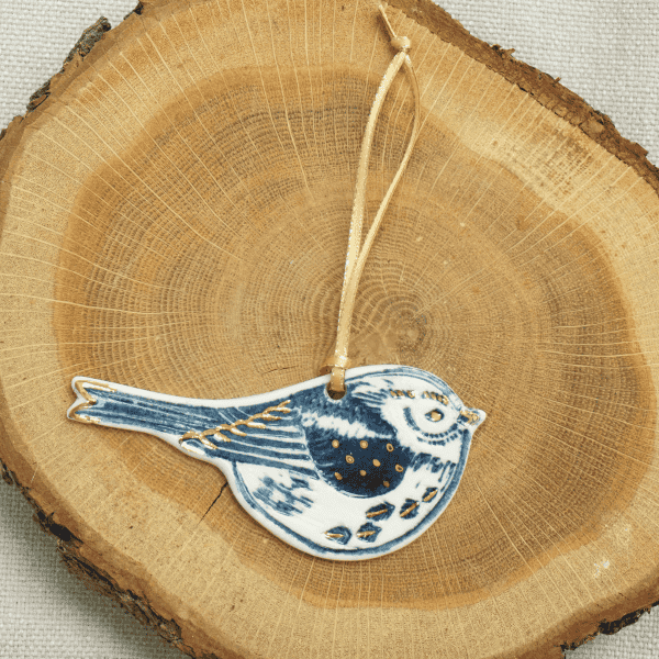 Long Tailed Tit Porcelain with Gold Lustre Hanging Bird Decoration