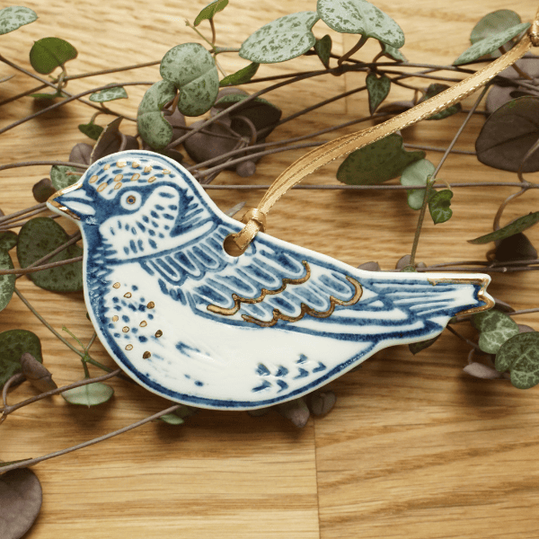 Sparrow Porcelain with Gold Lustre Hanging Bird Decoration