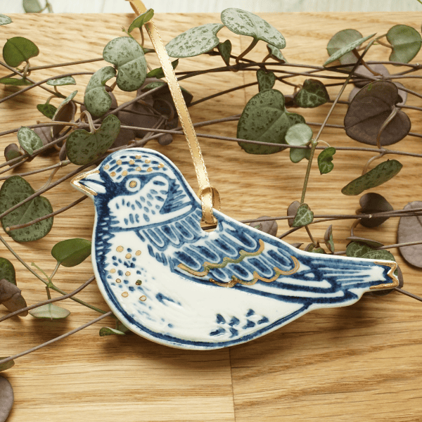 Sparrow Porcelain with Gold Lustre Hanging Bird Decoration