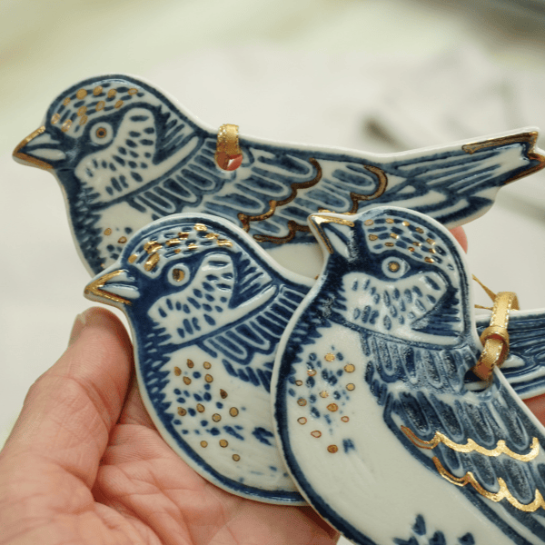 Sparrow Porcelain with Gold Lustre Hanging Bird Decoration