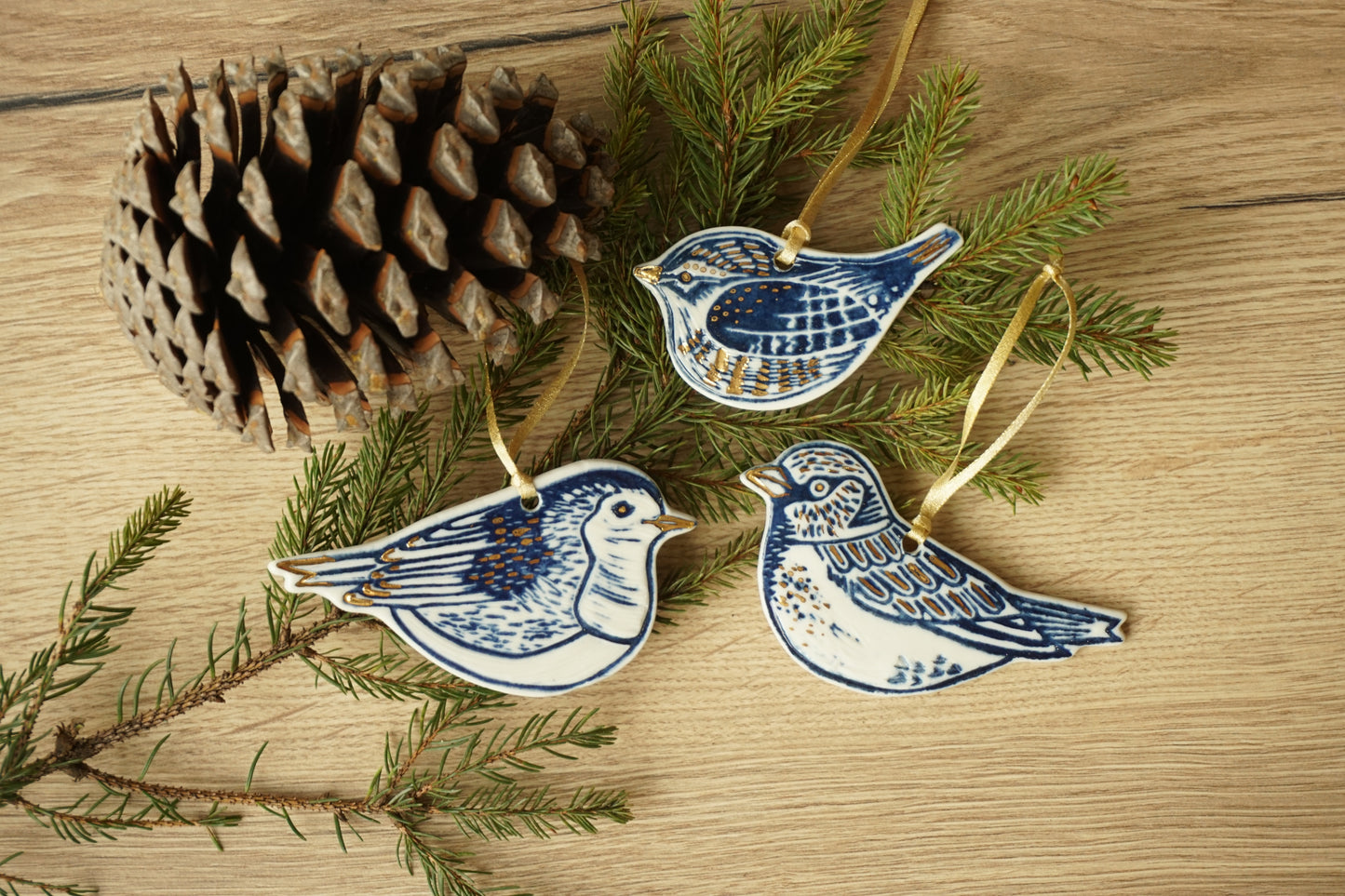 Long Tailed Tit Porcelain with Gold Lustre Hanging Bird Decoration